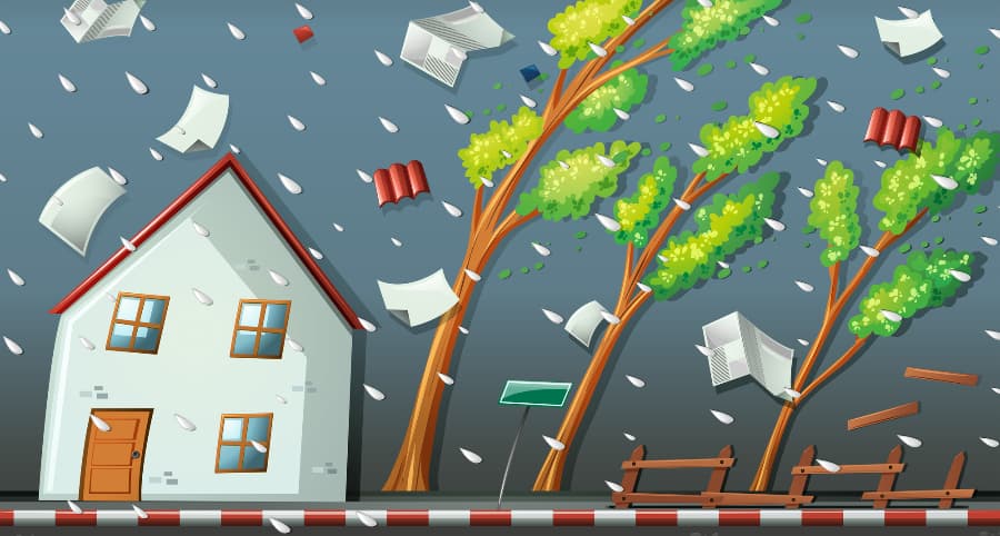 Representation of a storm impacting a home and the surrounding environs